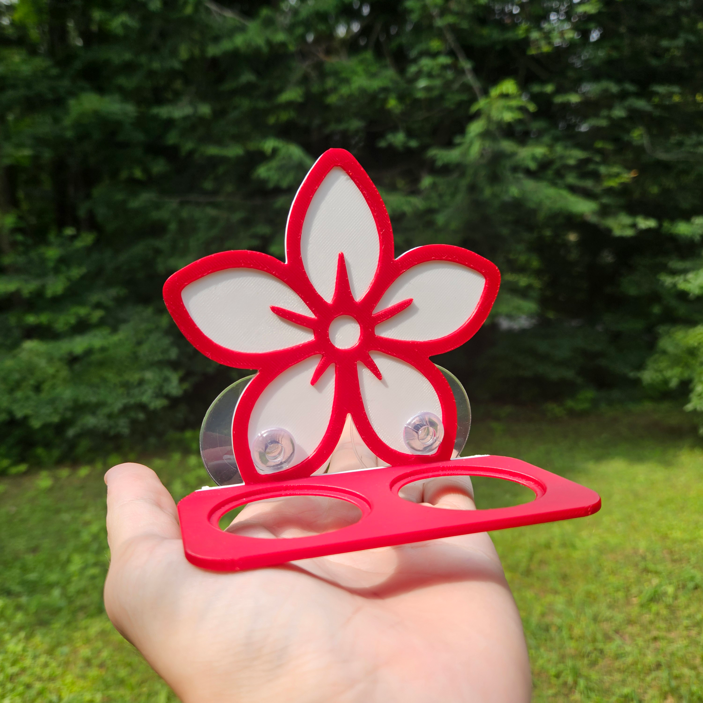 Red and white flower-shaped object held in a hand with a green outdoor background